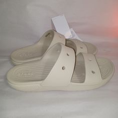 Crocs Iconic Comfort Classic Beige Double Strap Slip On Rubber Slide Sandals Open Toes Perfect For The Beach Travel Vacation Everyday Use Etc. New With Tags Unisex M7 W9 206761-2y2 Crocs Two Strap Slides, Shoes Crocs, Women's Crocs, Beach Travel, Walker Boots, Crocs Shoes, Body Shapers, Fit N Flare Dress, Boot Sandals