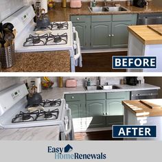 before and after photos of a kitchen remodel with granite countertops, white appliances, gray cabinets, and wood flooring