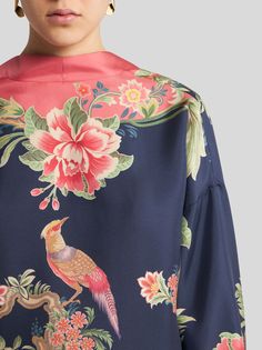 Silk twill mini dress with decorative floral print.• V-neck at the back• Kimono sleeves• Made in Italy • 100% silk Etro Dress, Twill Dress, Poncho Jacket, Kimono Sleeves, Twill Weave, Lacing Sneakers, Silk Twill, Wide Sleeves, Newborn Outfits