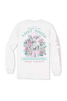 This Simply Southern Plus Size Long Sleeve Lost Sheep T-Shirt for Women in White is perfect for this Fall weather. This shirt features an adorable graphics, long sleeves, and lightweight construction. Features: Simply Southern Style: EXT-LS-SHEEP-WHITE Color: White 100% Cotton Simply Southern Shirts Long sleeves, crew neckline Simply Southern logo on sleeves, logo tag on hem Simply Southern logo and sheep graphic on the left chest “Simply Southern” screen printed on left sleeve Reads on the back, “Parable of the Lost Sheep” with the parable of the lost sheep story with the Simply Southern logo Measurements from size XXL: Length from center back: 34” Chest: 52” Machine wash cold, tumble dry low Spring Long Sleeve Graphic T-shirt, Spring Funny Print Long Sleeve Tops, Spring Long Sleeve Tops With Funny Print, Fall Long Sleeve T-shirt With Front Print, Spring Long Sleeve T-shirt With Funny Print, Long Sleeve T-shirt With Text Print For Spring, Long Sleeve Text Print T-shirt For Spring, Spring Long Sleeve T-shirt With Text Print, Long Sleeve Top With Front Print For Spring