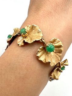 Gorgeous 14K Yellow Gold Emerald Floral Leaves Art Deco Bracelet Size 6.5 A perfect gift for your loved one for any special occasion or holiday!  Total Bracelet Weight: 21.52g Bracelet Length: 6.5 inches  Bracelet Width: 16.36mm Gemstone: Emerald  Item will be placed in a gift box. * Cross Neckless, Emerald Style, Leaves Art, Floral Leaves, Art Deco Bracelet, Leaf Art, Chain Link Bracelet, Bracelet Sizes, Cross Pendant