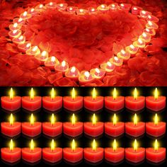 many lit candles are arranged in the shape of a heart and surrounded by red petals