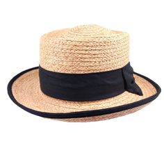 This Hat Is Woven Of Natural Color Raffia Straw, Great Style, And Sun Protection The Edge Is Bound With Black Cloth Nice Big Black Cloth Bow Tied In The Back The Permanent Crease Detail Down The Mid Part Of The Crown Looks Great The Straw Is Expertly Woven To Give You A Lightweight Yet Substantial Hat, And Holds It's Shape Really Well The Hat Is One Size And Fits Nicely Brand New With Tags Classic Visor Hats For Spring, Classic Spring Visor Hat, Classic Black Straw Fedora, Fitted Summer Visor Hat, Classic Brown Summer Top Hat, Classic Fitted Visor Hat, Classic Black Straw Hat, Classic Black Straw Hat With Short Brim, Fitted Black Straw Hat