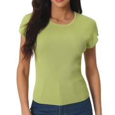 Perfect for both day and evening occasions, these casual blouses add a touch of elegance and style to any wardrobe. Beautiful and trendy Looking. You can wear this knit tops to pair it with jeans, skinny pants, or shorts. This casual top is soft, comfortable, and adds a classic touch to any outfit. Take this knit tops from work to a night out with ease. Chic Ribbed Top For Spring, Chic Ribbed Spring Top, Trendy Solid Color Crew Neck Blouse, Chic Stretch Knit Top With Ribbed Neckline, Green Non-stretch Solid Color Tops, Stretch Knit Top With Ribbed Neckline, Fine Knit Stretch Top, Stretch Fine Knit Top, Stretch Textured Knit Solid Top