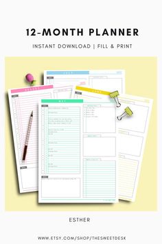 the 12 - month planner is shown on top of a yellow background with pencils and paper