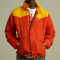 Brand New, Sealed In Its Original Bag. Quilted Puffer Jacket By Without Walls With A Two-Tone Construction. Fitted With A Zip Closure To The Front And Stand-Up Collar. Was Sold At Urban Outfitters Exclusively. Color - Yellow & Red ( Between Orange Abs Red). Material - - 100% Polyester Approximate Measurements - - Chest: 24” - Length: 27” Mens Flannel Jacket, Brown Puffer Jacket, Corduroy Puffer Jacket, Comic Clothes, Urban Outfitters Men, Quilted Shirt, Oversized Puffer Jacket, Orange Fleece, Urban Outfitters Jacket