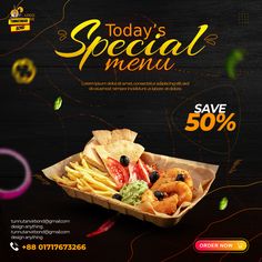 an advertisement for today's special menu with fish and chips in a basket on a black background