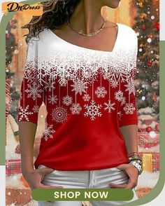 Women's Christmas Snowflake Print Asymmetric Collar Casual Long-sleeve T-shirt Casual Winter Party Tops, Casual Winter Party T-shirt, Christmas Festive Long Sleeve Tops, Festive Long Sleeve Tops For Christmas, Red Short Sleeve Holiday Top, Red Short Sleeve Top For Holidays, Red Short Sleeve Tops For Winter, Festive Long Sleeve Top For Holidays, Festive Long Sleeve Holiday Top