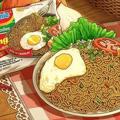 an illustration of noodles and eggs on a table