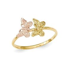 Two cute butterflies in rose pink and yellow gold flutter across the 14 karat yellow gold band of this nature motif ring. Ladies 14K Yellow and Pink Two-Tone Polished Butterfly Ring Size: 7.  Gender: female.  Age Group: adult. Nature Motifs, Butterfly Ring, Cute Butterfly, Yellow And Pink, Pink And Yellow, Gold Band, Rose Pink, Gold Bands, Pink Roses