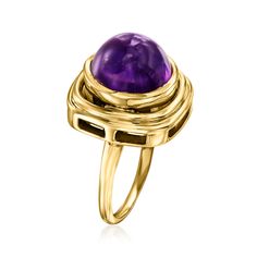 Ross-Simons - C. 1970 Vintage 6.25 Carat Amethyst Ring in 18kt Yellow Gold. Size 6.5. C. 1970. A regal statement with contemporary appeal, this Estate collection ring will help your style stand out from the rest. Features a 6.25 carat round amethyst cabochon, whose mystical shade of purple is accentuated by the gleaming multi-tiered frame of 18kt yellow gold. 5/8" wide. Amethyst ring. Exclusive, one-of-a-kind Estate Jewelry. Amethyst birthstones are the perfect gift for February birthdays. Modern Yellow Gold Amethyst Ring For Formal Occasions, Formal Yellow Gold Amethyst Ring With Polished Finish, Timeless Polished Amethyst Ring For Formal Occasions, Vintage Amethyst Ring, Amethyst Ring Vintage, Amethyst Birthstone, February Birthday, Fine Jewelery, Amethyst Ring