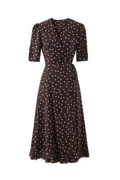 French-Inspired Polka Dot Silk Midi Dress Embrace the grace of French design with our V-Neck Polka Dot Silk Midi Dress. The elegant V-neck and high waistline naturally elongate and flatter your figure, while the flowing A-line skirt adds a touch of romance. Crafted with premium silk and designed for versatility, this dress makes style effortless for all body types. The details – a delicate V-neck, shoulder pleats, and a fluttery hem – bring out your natural charm in a dress that's more than ordi Vintage Polka Dot Dress, Safari Dress, Silk Style, Brown Fits, Silk Midi Dress, Business Dresses, The Grace, French Inspired, French Fashion