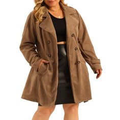 A plus-size brand inspired by the needs of its customers. Clothing from Agnes Orinda can match you on various occasions, with the proper tailoring to show your perfect curve and the comfortable fabrics that enable you a pleasant experience. Fashionable Design: This faux suede trench coat features a notched lapel, double-breasted design, and belt detail that create a fashionable look suitable for any occasion. Plus-Size Fit: Designed with a comfortable and flattering plus-size fit, this coat is s Suede Trench Coat, Formal Pants, Plus Size Brands, Double Breasted Trench Coat, Plus Size Coats, Plus Size Fits, Suede Material, Different Outfits, Faux Suede