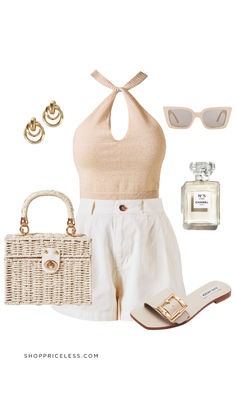 Discover chic casual outfits for summer 2024. Featuring a nude halter top, cream shorts, and gold cream acessories. A parisian, french inspired outfit to wear for your european vacation adventures. #spring2024 #spring #springoutfit #feminieoutfit #romanticoutfit #beachoutfit #vacationoutfit #ootd #trendy #styleguide #outfit #womensoutfit #resortoutfit #casualoutfit #easyoutfit #dressoutfit #preppystyle #parisianstyle #frenchgirl #trendyoutfit #brunchoutfit #style #cutecasual #cute #aestethic #trends #dresses #floral #springcolors #monochrome Feminine Halter Top For Day Out, Elegant Summer Halter Top For Vacation, Beige Halter Top For Summer Nights, Feminine Summer Halter Top For Day Out, Elegant Beige Beach Tops, Chic Gold Halter Top For Night Out, Elegant Gold Halter Top For Summer, Summer Beige Halter Top For Day Out, Beige Halter Top For Summer Day Out