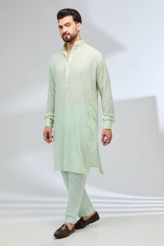 Mint green georgette kurta with sequins embroidery. Comes with cotton silk pant. - Aza Fashions Green Resham Embroidered Pant Set For Wedding, Green Resham Embroidery Pant Set For Wedding, Green Bollywood Pant Set With Resham Embroidery, Green Pant Set With Resham Embroidery For Wedding, Festive Green Pant Set With Resham Embroidery, Green Fitted Designer Pant Set, Fitted Green Pant Set With Resham Embroidery, Green Kurta With Chikankari Embroidery In Georgette, Green Cotton Unstitched Suit For Designer Wear