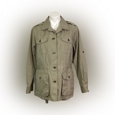 Travelsmith -Heavy Cotton Poplin -Khaki -Safari/Hiking Jacket(New Without Tags) Size-M 4_flap Button Down Pockets Epaulets At The Shoulders Two Zip Pockets On The Inside Button Closure Down The Front Drawstring At The Waist For A More Flattering Silhouette If Desired Two Button Cuffs Comes With Three Extra Buttons 100% Heavy Cotton Poplin Casual Outerwear With Cargo Pockets For Adventure, Military Outerwear With Cargo Pockets For Adventure, Military Style Outerwear With Cargo Pockets For Adventure, Adventure Utility Jacket With Pockets, Adventure Long Sleeve Utility Jacket With Pockets, Long Sleeve Adventure Outerwear With Pockets, Adventure Long Sleeve Outerwear With Pockets, Casual Adventure Outerwear With Multiple Pockets, Long Sleeve Outerwear With Pockets For Adventure