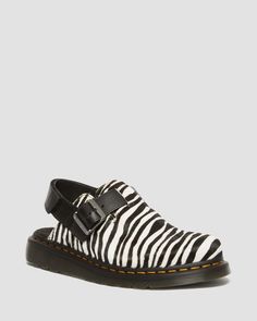 Jorge II Hair-on Animal Print Slingback Mules in Black | Dr. Martens Jorge Mules, Dr Martens Jorge Ii, Dr Martens Jorge, Chelsea Boots Heel, Black Dr Martens, Slingback Mules, Lace Accessories, White Shoes Women, Sandal Platform