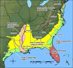 a map of the united states with different areas labeled in red and yellow, including north coast plain