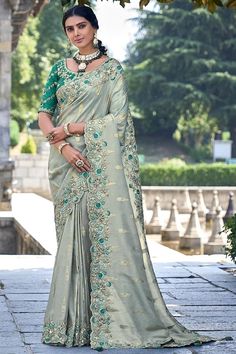 Excellent Silk Sea Green Color Saree With Heavy Embroidered Blouse Saree With Stylish Blouse, Partywear Outfits, Sequins Saree, Grey Saree, Sea Green Color, Light Gray Color, Color Embroidery, Elegant Embroidery, Embroidery Saree