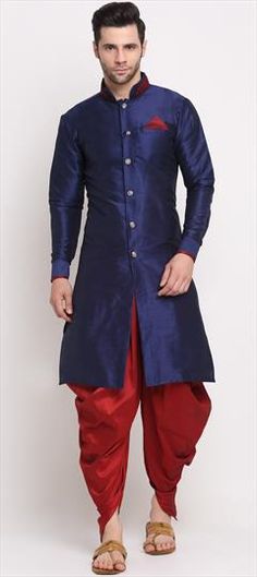 Blue color Dhoti Kurta in Dupion Silk fabric with Thread work Blue Salwar Kameez With Bandhani Print And Traditional Drape, Blue Cotton Traditional Wear With Traditional Drape, Unstitched Blue Fabric For Diwali, Blue Kurta With Pallu For Festivals, Cotton Blue Sherwani For Festivals, Blue Cotton Sherwani For Festivals, Blue Art Silk Kurta For Diwali, Blue Art Silk Fabric For Festive Occasions, Festive Blue Art Silk Fabric