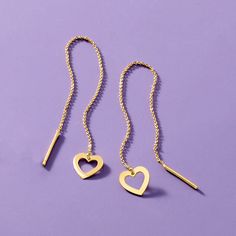 Ross-Simons - 14kt Yellow Gold Heart Threader Earrings. RS Pure. Modern designs that complete your outfit and complement your personality. This elegant pair of threader earrings shines bright in handcrafted 14kt yellow gold with .75mm cable chains. The dainty heart drops bring a lovely vibe to your daily wardrobe! When threaded evenly through the lobe, the hanging length is 1 7/8", but can be adjusted to your preference. 14kt yellow gold heart threader earrings. 14k Gold Filled Threader Earrings As Gift, 14k Yellow Gold Filled Threader Earrings, 14k Gold Filled Yellow Gold Threader Earrings, Gold Dangle Threader Earrings For Anniversary, Yellow Gold Threader Earrings As A Gift, Yellow Gold Threader Earrings For Gift, Yellow Gold Tarnish-resistant Threader Earrings As Gift, Yellow Gold Dangle Threader Earrings Gift, Gold Threader Earrings As Gift