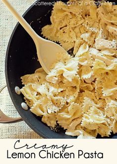 a skillet filled with chicken pasta and cheese