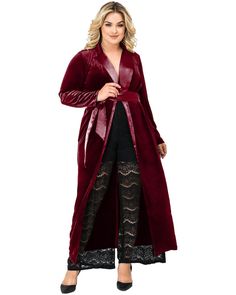 This plus size outerwear is a must in your everyday wardrobe Dresses Materials, Satin Belt, Velvet Wrap Dress, Plus Size Outerwear, Wrap Coat, Plus Size Sweaters, Stretch Velvet, Rose Dress, Plus Size Womens Clothing