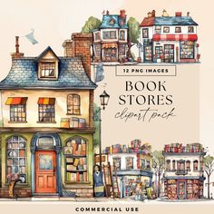 an illustrated book store with lots of books on the front and side of it in watercolor