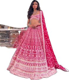 Bridal Set, Raw Silk, Bridal Sets, Lehenga, Hand Embroidered, Hot Pink, Silk, Pure Products, Crystals