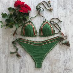 This crochet bikini set is handmade with 100% cotton yarn.    The stitches are very dense and tight. It is comfortable to wear in and out of the water. Please feel free to  contact with me if you need to customize the size and color.  Please let me know if you have any questions. I will be always glad to answer your questions.  CARE: Hand wash cold water only, lay flat to dry. "OR" Machine wash on gentle cycle only with cold water, lay flat to dry. Never put your handmade item in a dryer! Thank you to visit my shop. Enjoy :) Beachwear Crochet, Tan Brunette, Crochet Beachwear, Crochet Swimwear, Design Inspo, Wooden Beads, Women Swimsuits, Cotton Yarn, Bathing Suit