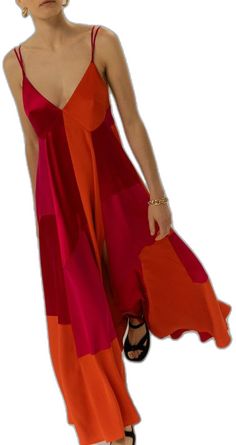 Multicolor Silk Dress With Spaghetti Straps, Summer Silk Patchwork Dress, Spring Silk Dress With Patchwork, Spring Silk Patchwork Dress, Summer Evening Patchwork Dresses, Chic Multicolor Satin Dress, Multicolor Silk A-line Midi Dress, Red Silk Dress With Spaghetti Straps, Silk Crepe