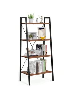 a book shelf with books, plants and other items on it's shelves against a white background