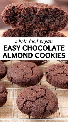 chocolate cookies cooling on a rack with the words whole food vegan easy chocolate almond cookies