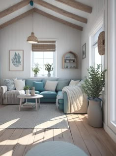 a living room filled with furniture next to a wooden floor covered in plants and potted plants