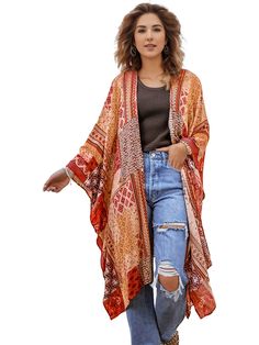 Plus Size Boho Cardigan, Women's Plus Aztec Print Bat Sleeve Open Front Cover Up Elegant Maternity Dresses, Plus Size Cardigan, Dress With Ruffle Sleeves, Plus Size Boho, Plus Dress, Dresses Silk, Round Neck Casual Dress, Boho Cardigan, Cardigan Design