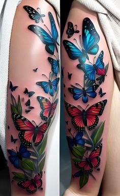 colorful butterflies tattoo on the leg