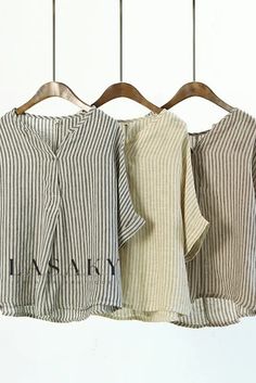 Lasaky - Stylish Batwing Sleeve Blouse: V-Neck, Cotton, and Linen Striped Short-Sleeve Blouse Japanese Blouse, Casual Blouses, Batwing Sleeve Blouse, Striped Shirts, Striped Shirt Women, Striped Short Sleeve Shirt, Simple Top, Linen Casual, 2017 Summer