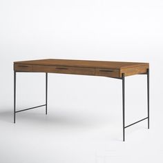 a wooden desk with metal legs and two drawers on top, against a white background