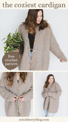 the crochet cardigan pattern is shown with instructions to make it