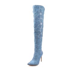 Elevate your style with these chic light blue denim floral rhinestone stiletto heel over the knee boots. Featuring intricate floral embellishments, rhinestones, and a sleek stiletto heel for a stunning look. Color: Lightblue Material: Denim Heel Type: Stiletto heel Heel Height: 4.25" / 108 mm approx Product measurements were taken using size 8. Please note that measurements may vary by size. Toe: Pointy toe Floral decoration design Rhinestone embellished design Side-zip design Handcrafted US sizing. Fits true to size. Spring Blue Boots With Rhinestones, Blue Rhinestone Boots For Spring, Fitted Light Blue Party Boots, Denim Heels, Blue Boots, Zip Design, Floral Decoration, Light Blue Denim, Heel Type