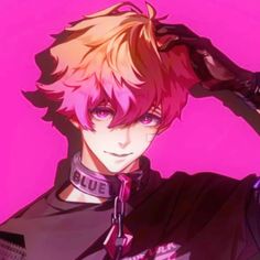 an anime character with pink hair and piercings on his ears, in front of a pink background