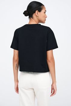 Our Rya Tee is for those who expect their basics to go above and beyond. Fashioned from French organic cotton jersey, she offers unrivaled softness and breathability in a cropped, oversized cut. With short sleeves and a rib-knit crew neck for visual interest, this classic tee works solo or as a base to create countless unique looks.[SPLIT] Astrid, in black, is 5'9" (175 cm) tall, wearing size XS. Rocio, in white, is 5'9.5" (175 cm) tall, wearing size XS. Total length is approximately 20" (51 cm) Boxy Short Sleeve Basic Cropped T-shirt, Relaxed Fit Cropped T-shirt For Everyday, Boxy Cropped T-shirt For Streetwear, Casual Boxy Fit Cropped T-shirt With Short Sleeves, Basic Crew Neck Crop Top With Relaxed Fit, Boxy Cropped Cotton T-shirt For Streetwear, Boxy Cropped T-shirt For Summer Streetwear, Summer Boxy Cropped T-shirt For Streetwear, Basic Relaxed Fit Cropped Shirt With Crew Neck