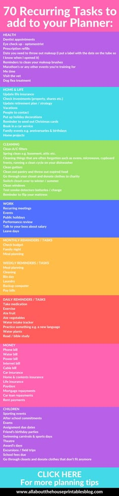 a poster with the words 70 reclining tasks to add to your planner