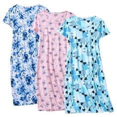 PRICES MAY VARY. 3 PACK PRINTED NIGHTGOWNS – With the FEREMO T-shirt sleep dress for women, you can feel comfortable and look stylish at the same time. Our women's nightgowns come in a variety of colorful prints, adding a fun and vibrant touch to your sleepwear collection. PREMIUM-QUALITY FABRIC - Made from soft and breathable cotton fabric, which will feel comfortable against the skin. It can help regulate body temperature, keeping you cool in the summer and warm in the winter. COMFORTABLE FIT Summer Short Sleeve Sleepwear For Overnight, Summer Nightgown With Relaxed Fit For Overnight, Relaxed Fit Nightgown For Summer Nights, Summer Nightgown With Relaxed Fit, Relaxed Fit Nightgown For Summer, Blue Casual Dress For Pajama Party, Casual Blue Dress For Pajama Party, Comfortable Summer Nightgown For Overnight, Casual V-neck Dress For Pajama Party