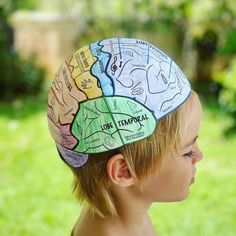 a young boy wearing a paper hat with different types of people's names on it