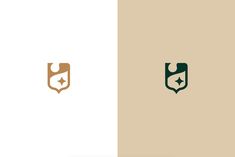 two logos with different shapes, one is gold and the other has green on it