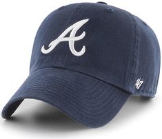 the atlanta braves'47 clean - up hat is navy blue with white stitching