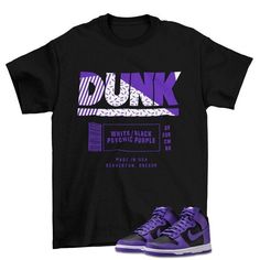 Box Label Dunk High Psychic Purple Sneaker Matching Tee Shirt  The unisex heavy cotton tee is the basic staple of any wardrobe. It is the foundation upon which casual fashion grows. All it needs is a personalized design to elevate things to profitability. The specially spun fibers provide a smooth surface for premium printing vividity and sharpness. No side seams mean there are no itchy interruptions under the arms. The shoulders have tape for improved durability. .: 100% cotton (fiber content may vary for different colors) .: Medium fabric (5.3 oz/yd² (180 g/m .: Classic fit .: Tear-away label .: Runs true to size Our custom designs are printed on Gildan t-shirts/sweatshirts. This is a custom item. We do not start production on this item until you make your purchase. *Please message us be Urban Purple Cotton T-shirt, Urban Style Purple Cotton T-shirt, Casual Purple T-shirt For Streetwear, Urban Purple Short Sleeve T-shirt, Purple Relaxed Fit T-shirt For Streetwear, Purple Letter Print T-shirt For Streetwear, Purple Screen Print T-shirt For Streetwear, Cotton Letter Print Shirt For Streetwear, Purple Casual T-shirt For Streetwear