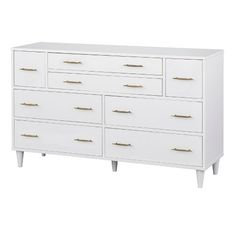 a white dresser with gold handles and drawers on the bottom, against a white background