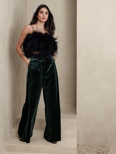 Petite Veluro Relaxed Velvet Pant | Banana Republic Velvet Pants Outfit, Dark Green Pants, Velvet Pant, Velvet Trousers, Slack Pants, Ultra Wide, Cocktail Attire, Holiday Party Outfit, Velvet Pants